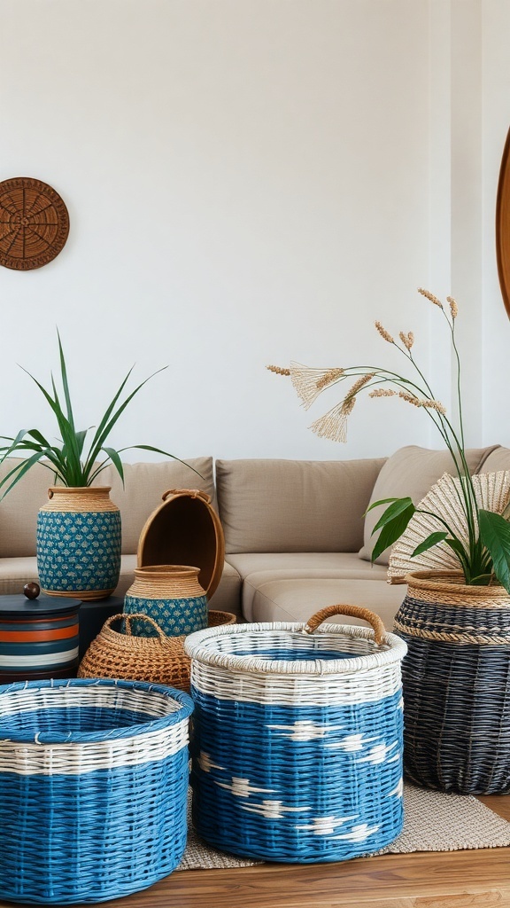 A collection of handwoven blue baskets in a cozy living room setting.
