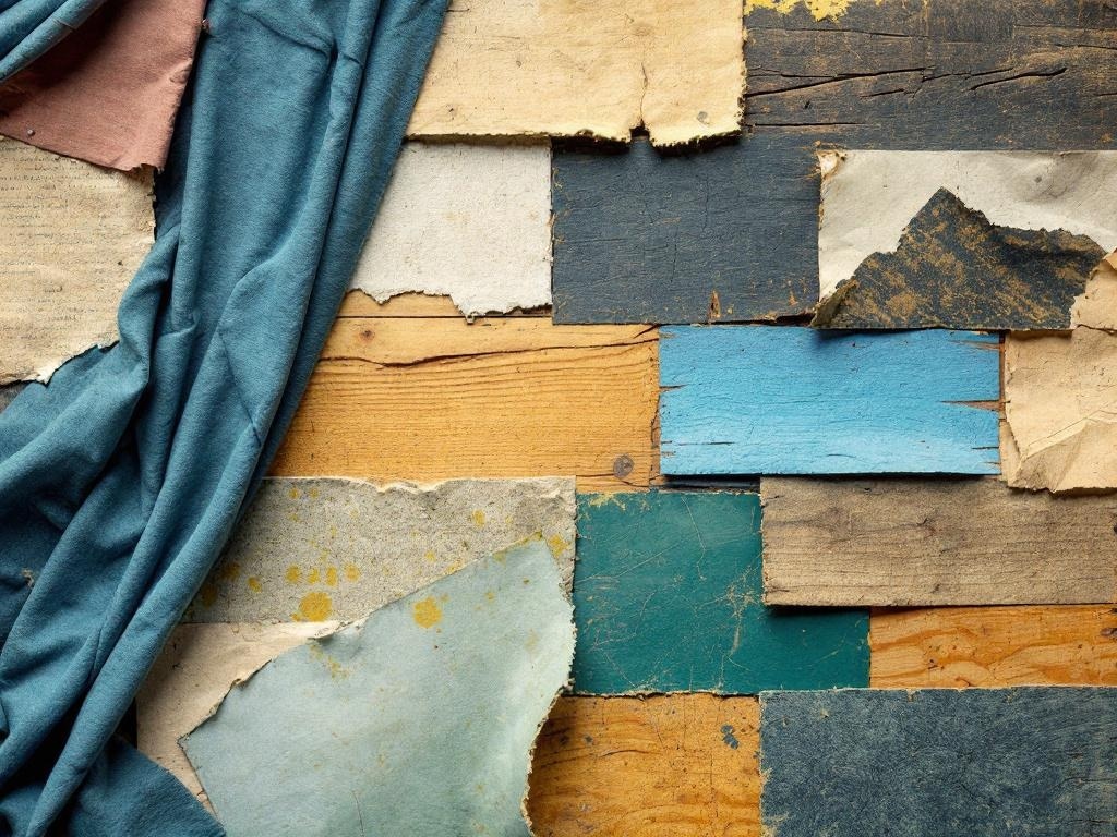A textured wall collage featuring wood, fabric, and paper in various colors.