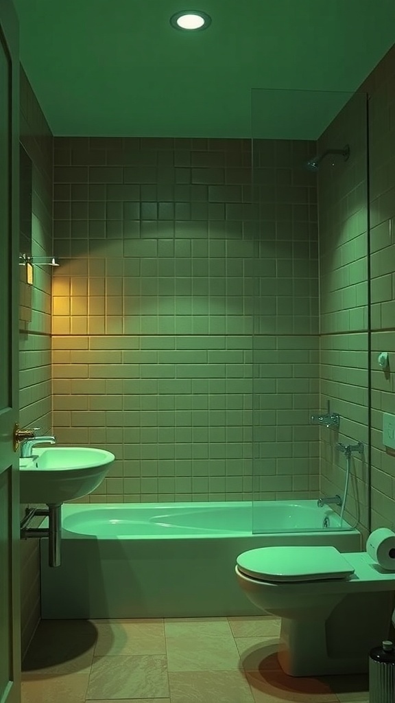 A bathroom with soft green lighting fixtures illuminating the tiled walls and modern sink.