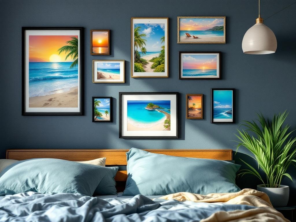 A collection of beach-themed wall art featuring ocean scenes and sunsets in various frames.