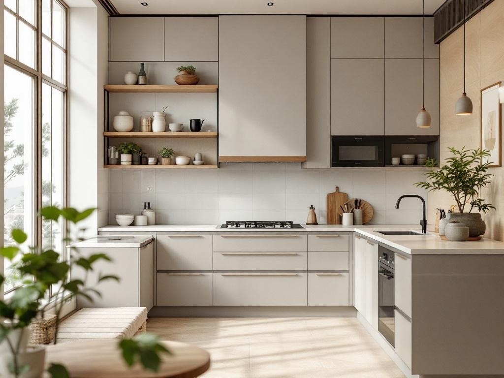 Modern kitchen with neutral colors and natural light, featuring sleek cabinetry and open shelving.