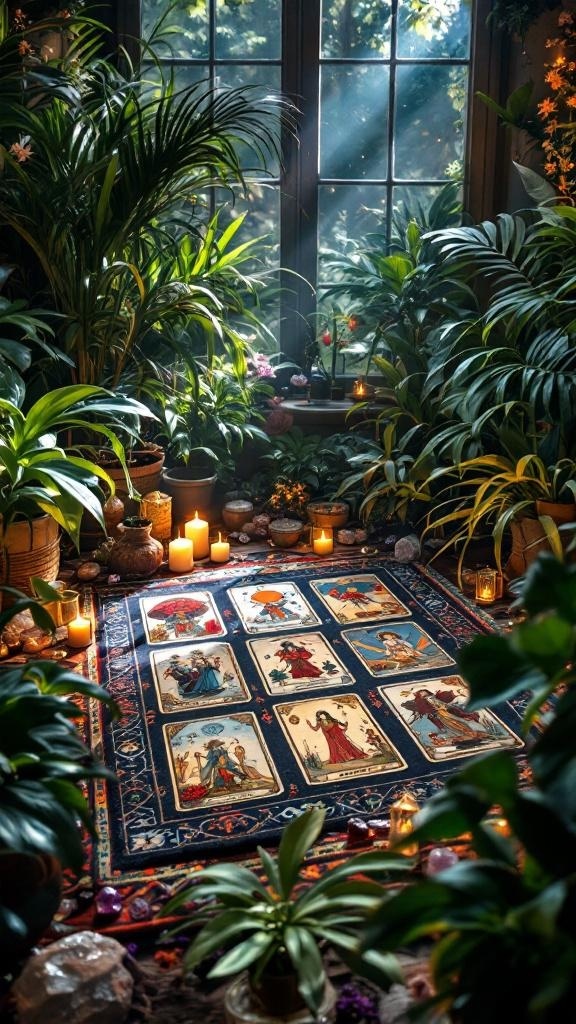 A cozy witch den with tarot card rugs, lush plants, and glowing candles.