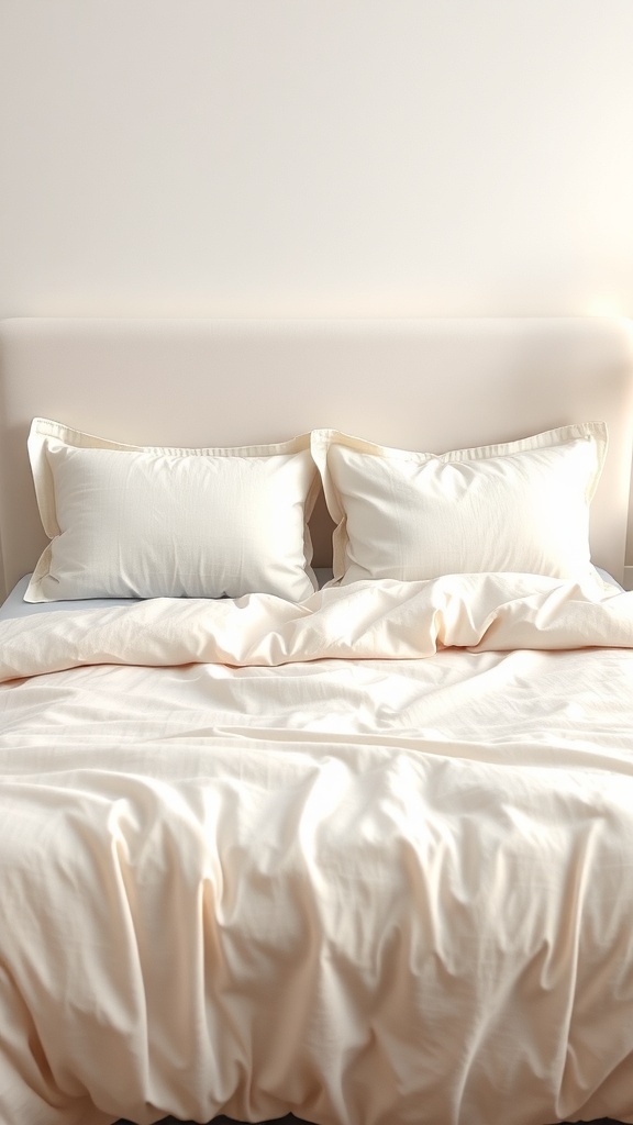 A cozy bed with light creamy bedding and plump pillows, creating a soft and inviting atmosphere.