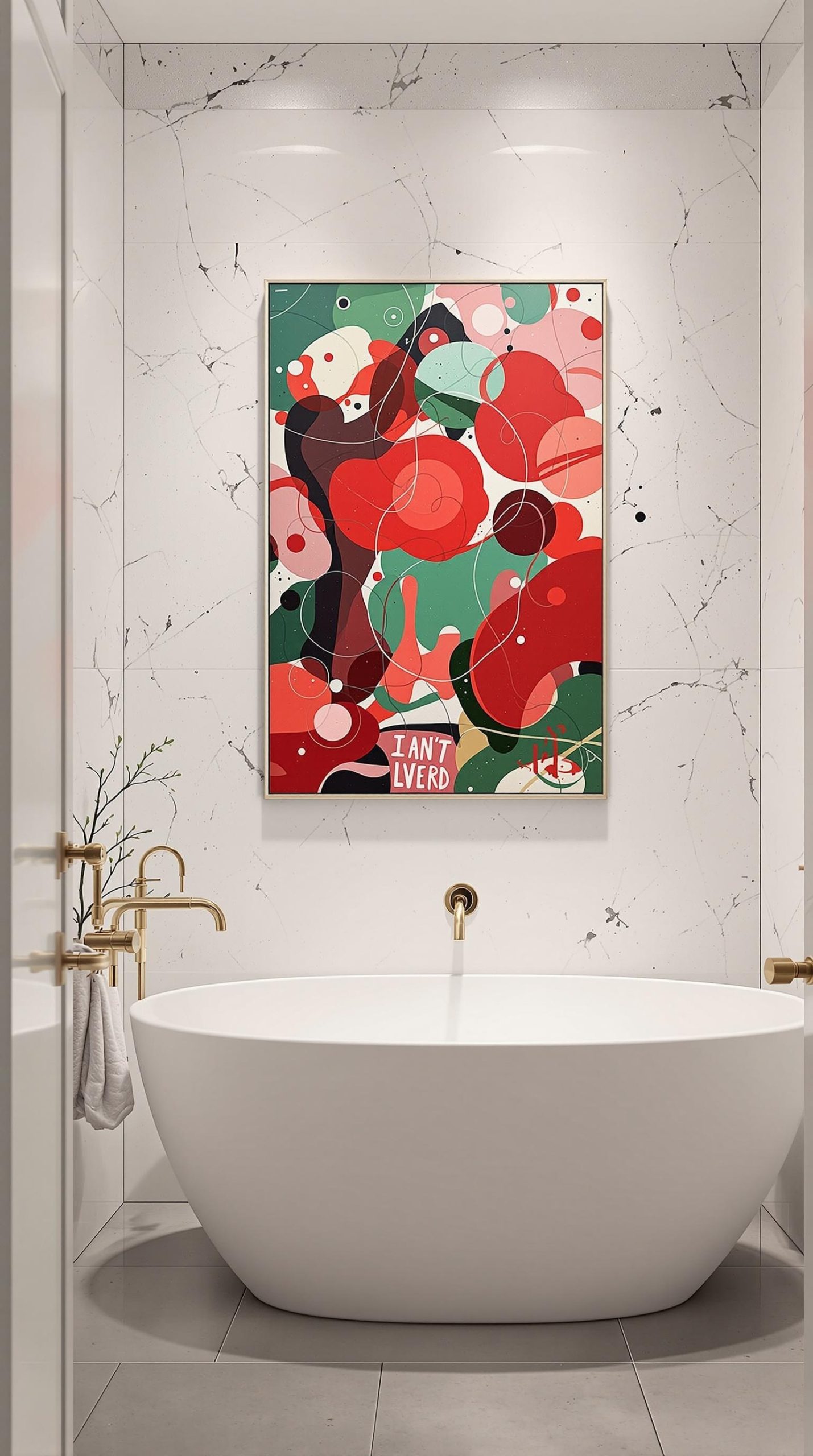 A modern bathroom featuring a colorful abstract art piece on the wall, with a freestanding tub and gold fixtures.