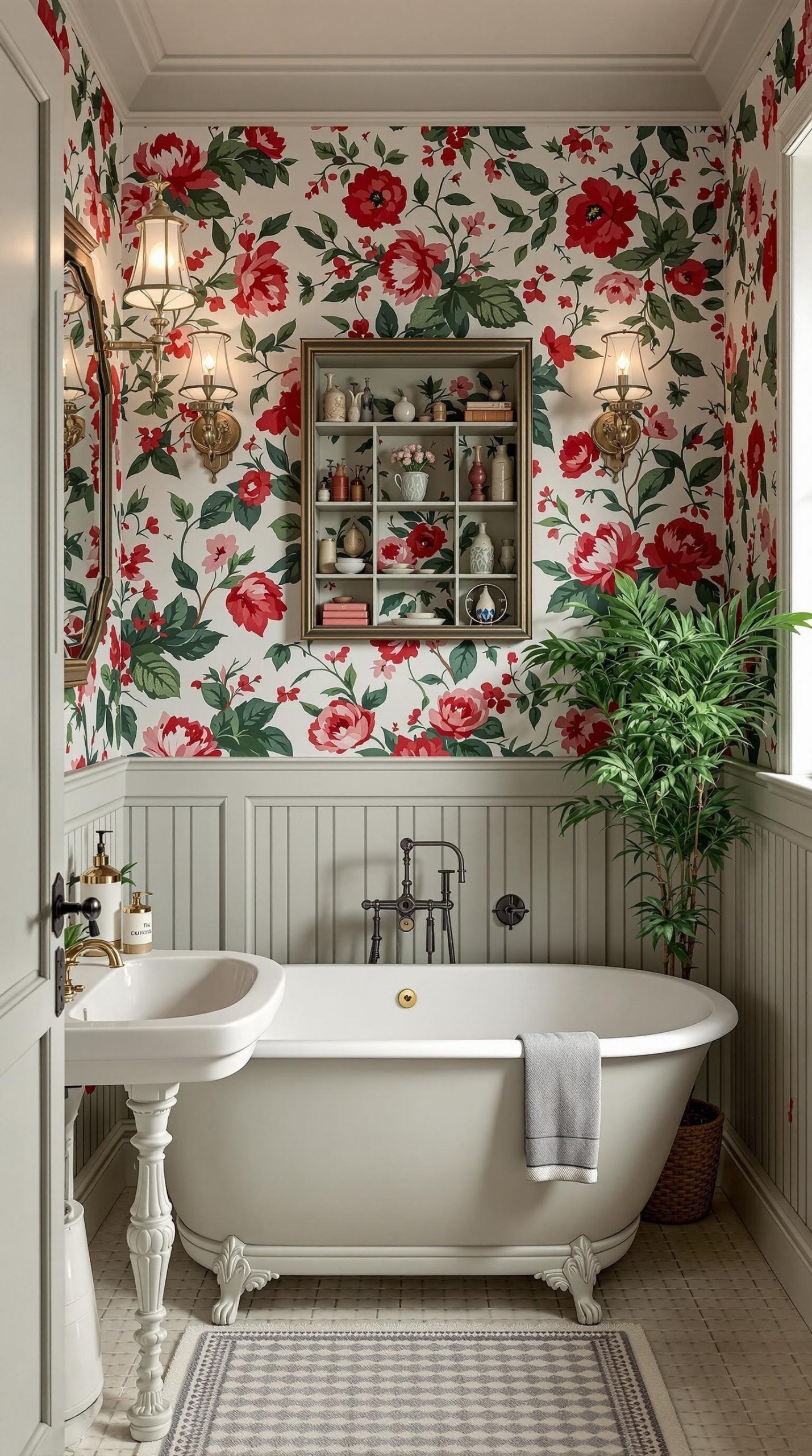 A beautifully decorated bathroom featuring red floral wallpaper, a vintage bathtub, and green accents.