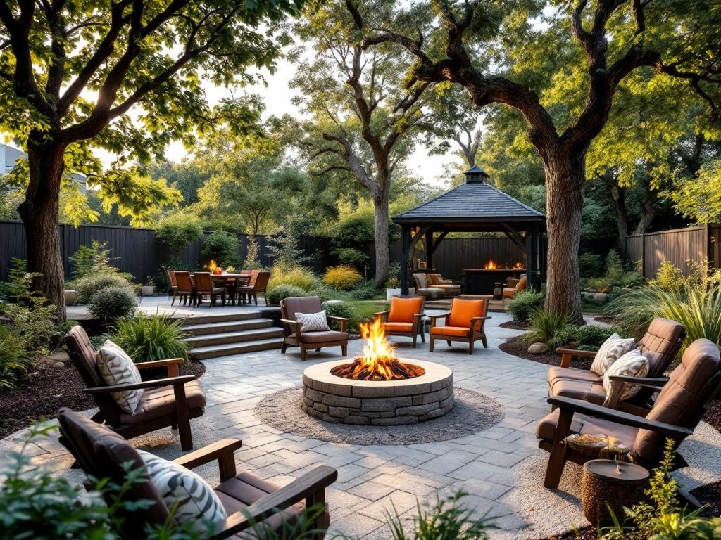 Cozy backyard with a firepit and gazebo surrounded by trees and seating.