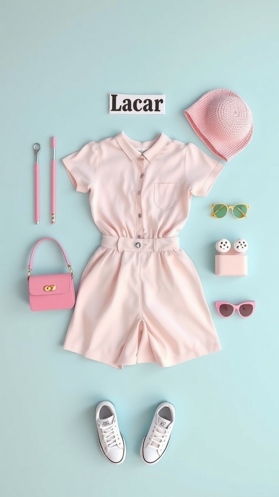 A pastel kawaii outfit featuring a pink romper, white sneakers, sunglasses, a pink handbag, and a pink hat arranged on a light blue background.