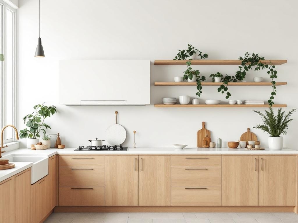 A modern kitchen featuring natural wood cabinetry and open shelving with plants and dishware.