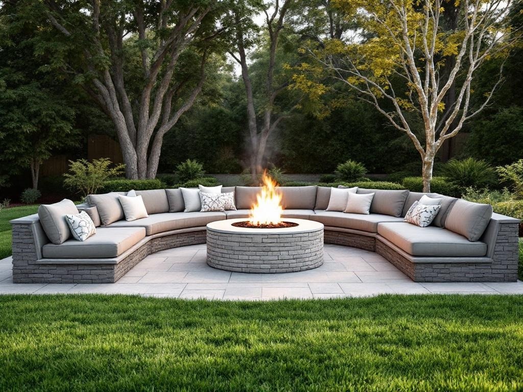 Cozy backyard firepit with built-in seating and soft cushions