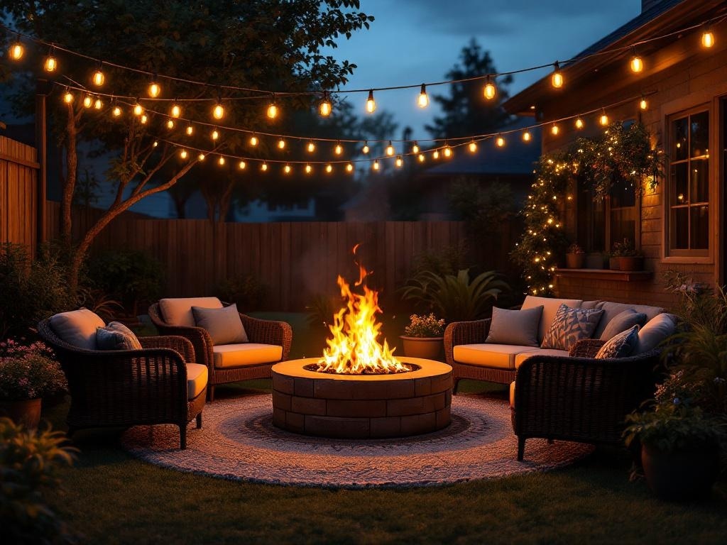 Cozy backyard firepit lounge with string lights and comfortable seating.