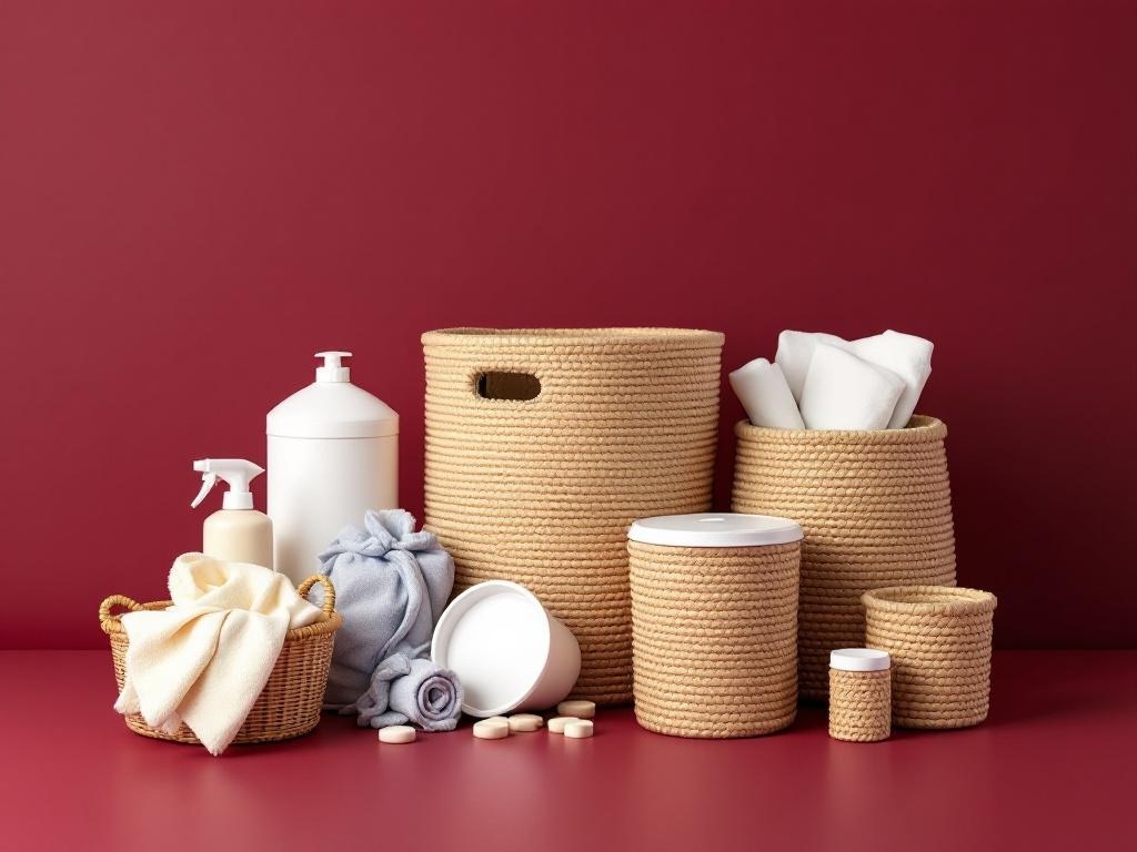 Artfully arranged laundry supplies in a moody burgundy laundry room