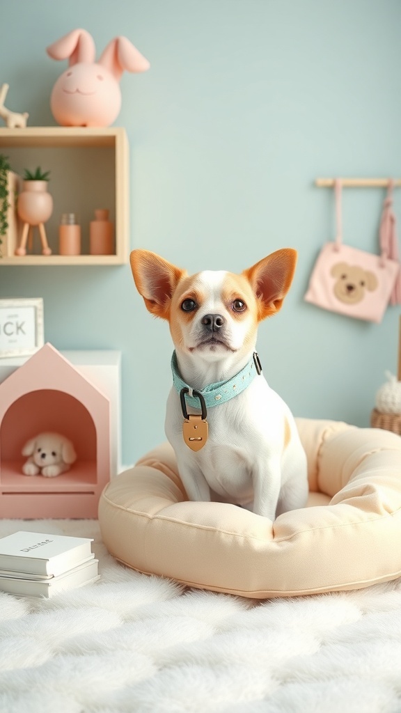 A cute dog sitting in a pastel-colored bed with a matching collar, surrounded by kawaii decor.