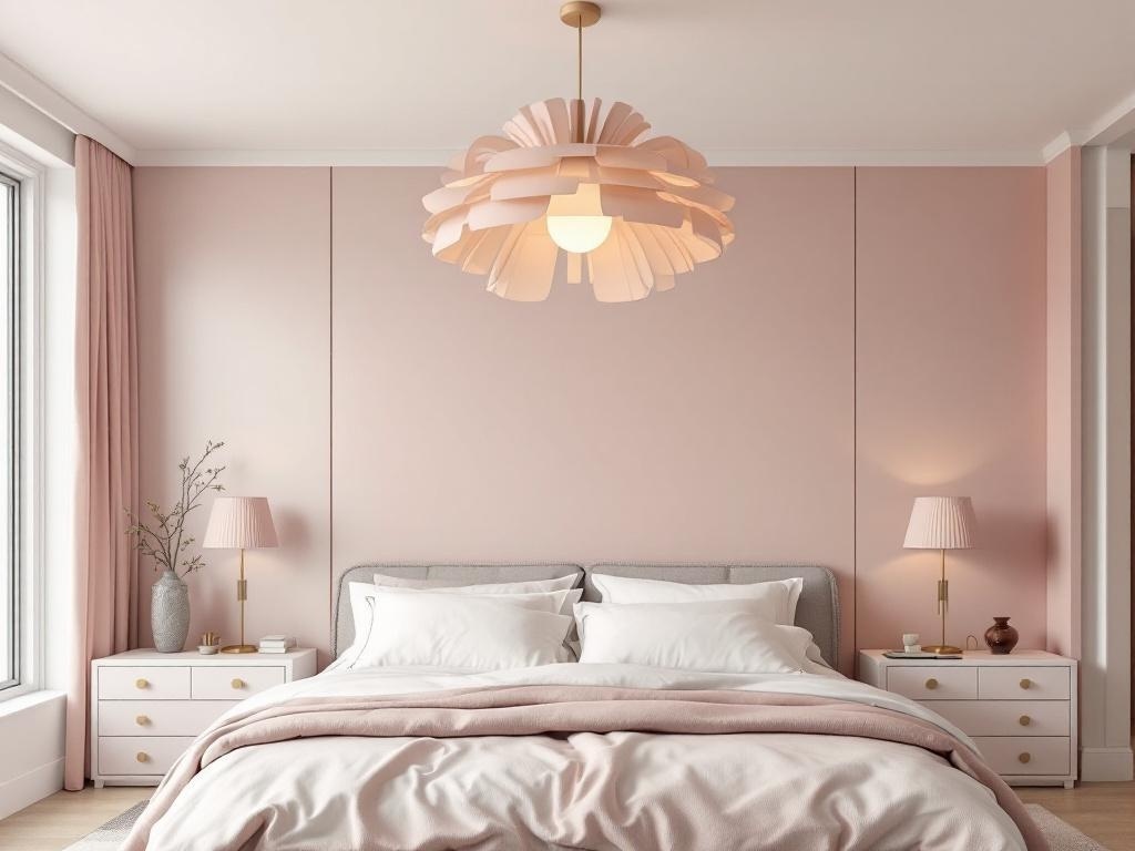 A beautifully decorated master bedroom featuring custom lighting fixtures in light pink tones.