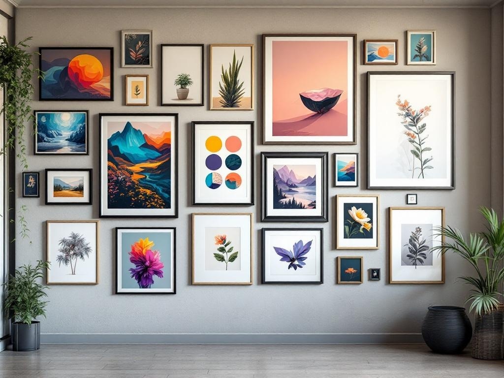 A gallery wall featuring a variety of framed artworks in bold colors and mixed patterns.