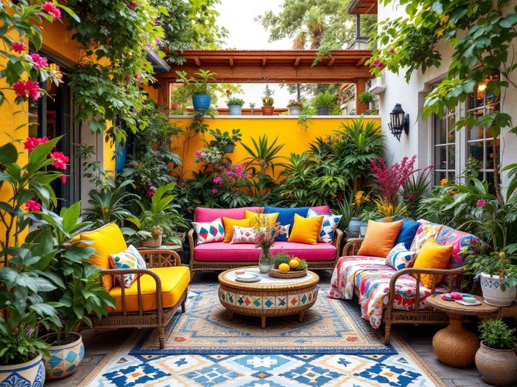 A vibrant outdoor space with colorful furniture, lush plants, and a bright yellow wall.