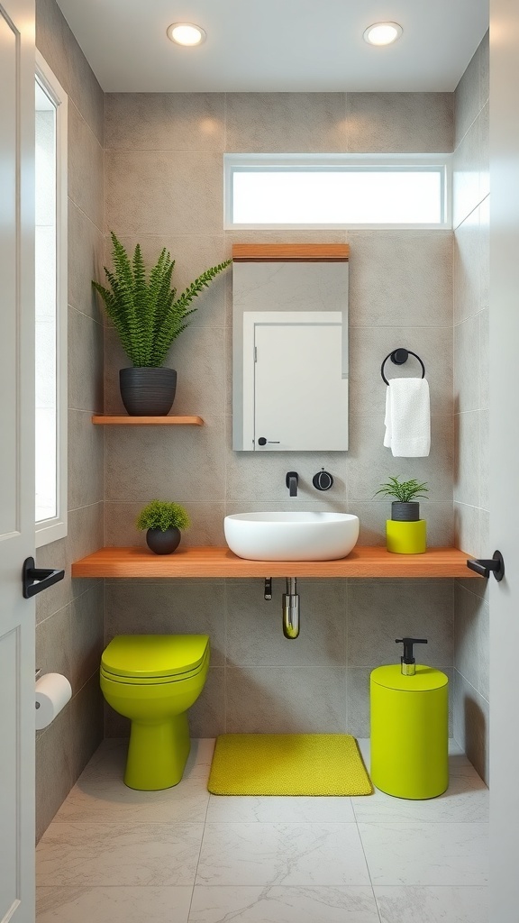 A modern bathroom featuring chartreuse green accents, including a toilet, accessories, and a rug, against gray tiles and wooden shelves.