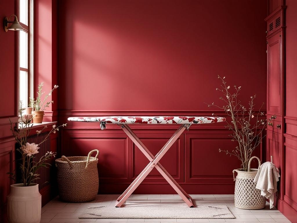 A stylish ironing board stand with a floral cover in a burgundy laundry room, surrounded by plants and woven baskets.