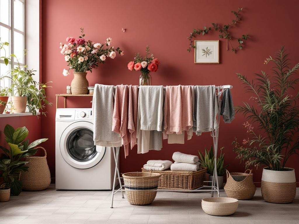 A functional drying rack in a stylish laundry room with burgundy walls and floral decor.