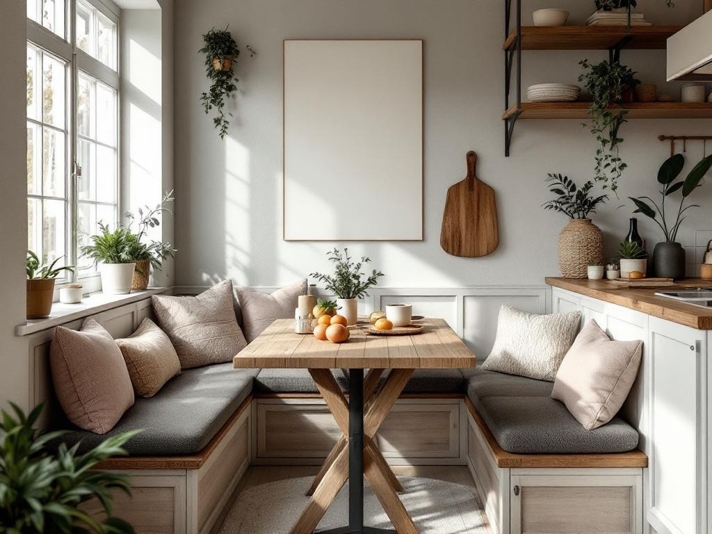 Cozy kitchen nook with built-in bench, cushions, and plants