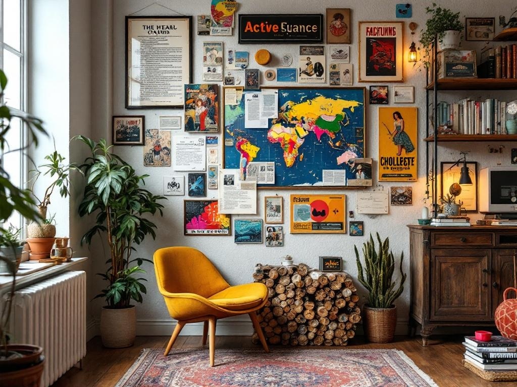 A cozy room featuring a funky wall collage with eclectic posters, a world map, and a yellow chair.