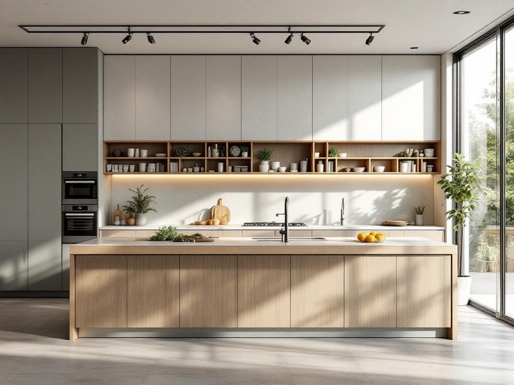 A modern kitchen with a Japandi aesthetic featuring natural wood cabinetry and a spacious island.