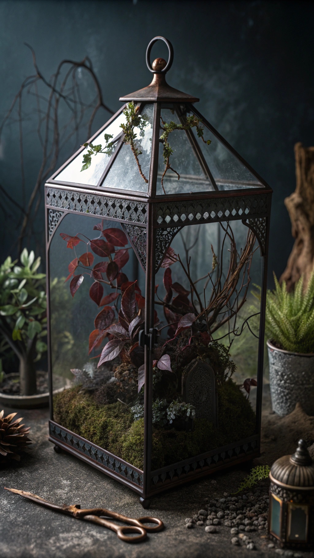 A gothic terrarium featuring dark foliage and intricate design elements.