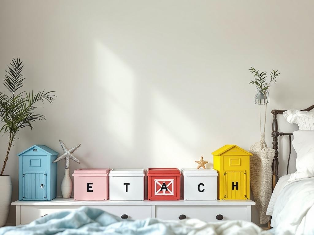 Colorful beach hut storage boxes in a coastal bedroom setting.