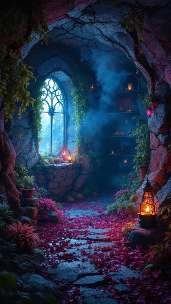 A mystical witch den with colorful plants, soft lighting, and a stone pathway.