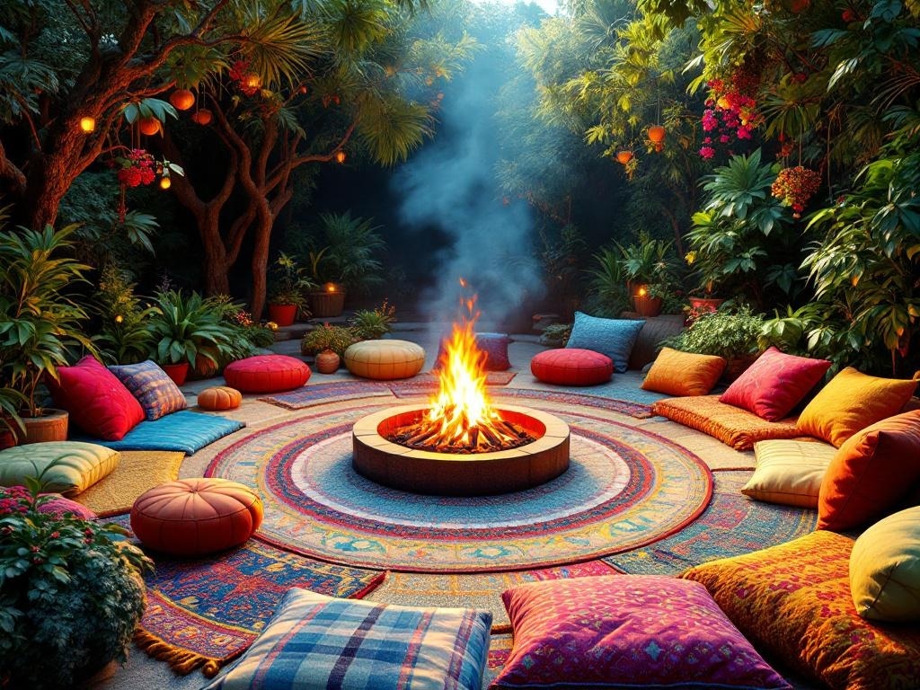 Cozy firepit circle with colorful cushions and lush greenery