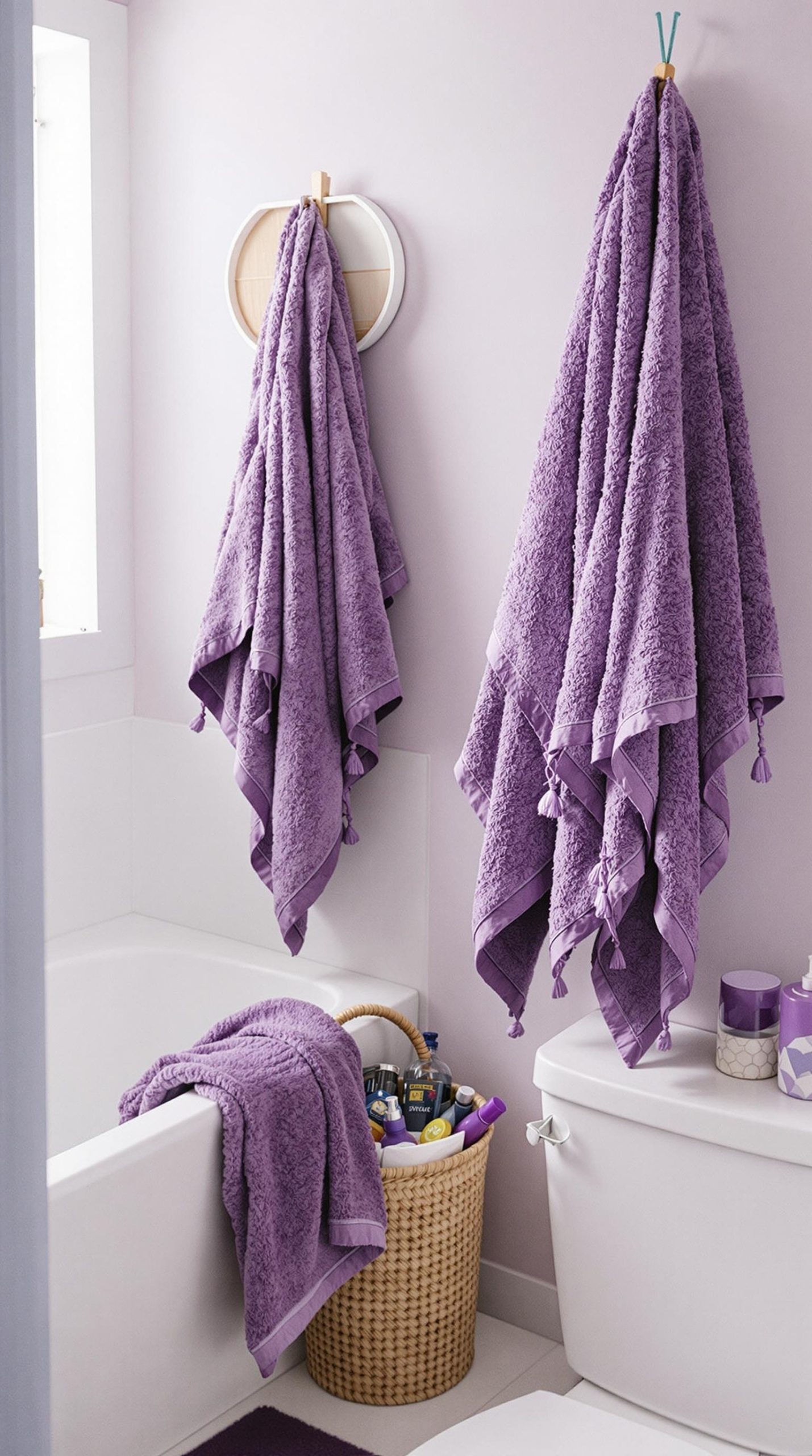 A cozy bathroom featuring violet towels, a chandelier, and a round mirror.