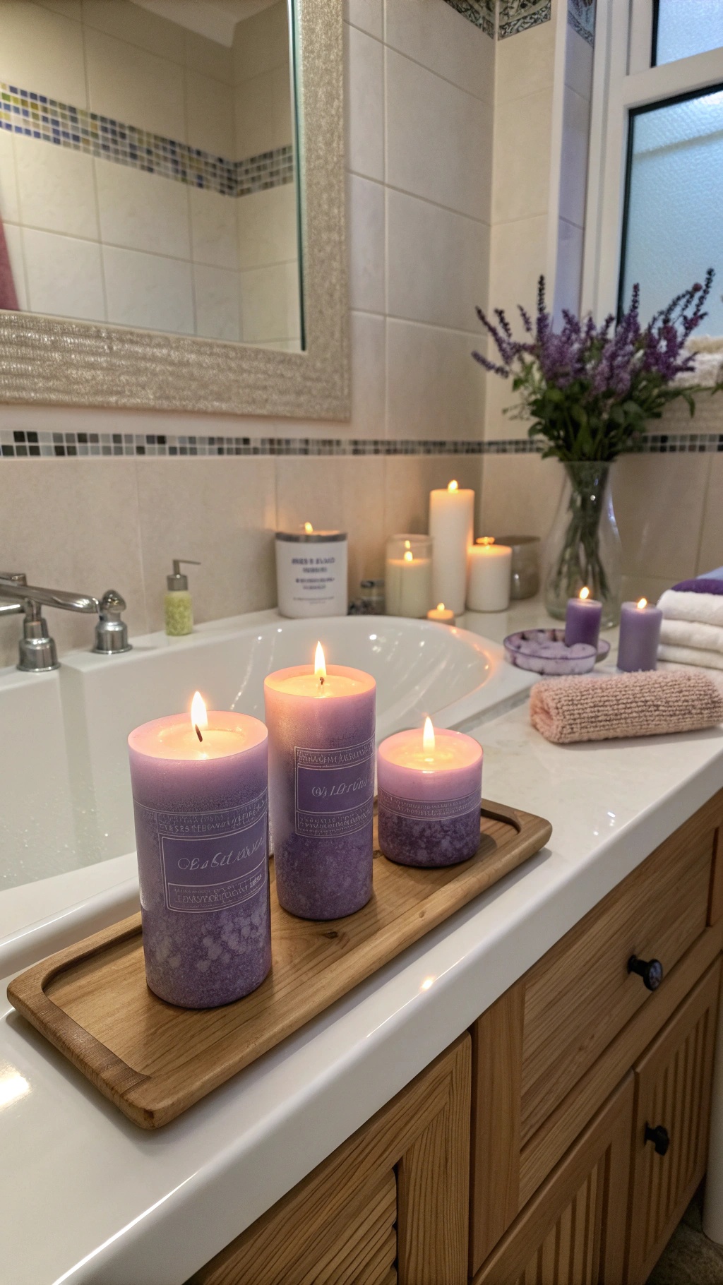 Lavender candles displayed on a wooden tray in a bathroom setting.