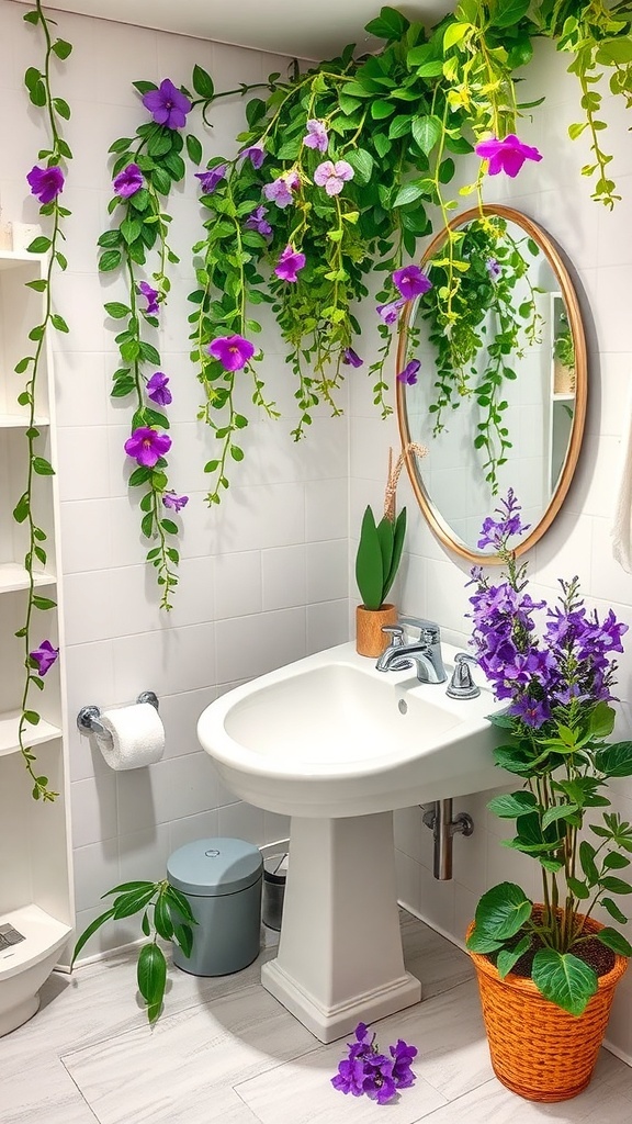 A bathroom decorated with hanging greenery and purple flowers, featuring a round mirror and a stylish sink.