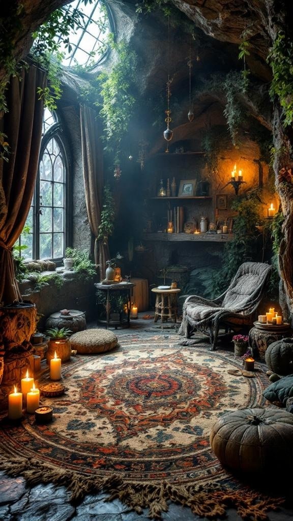 A cozy witch den featuring a tarot card rug, candles, and vintage decor.