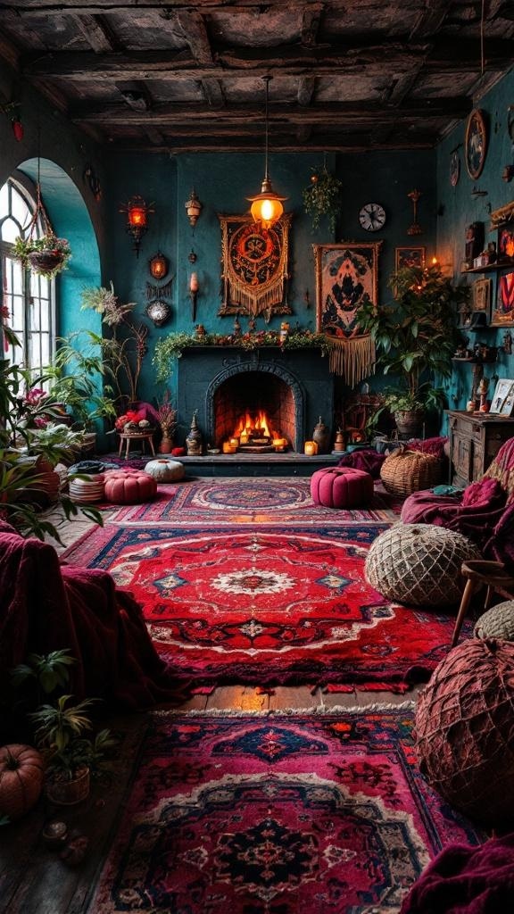 A cozy witch den featuring bold color palettes with rich reds and deep greens.