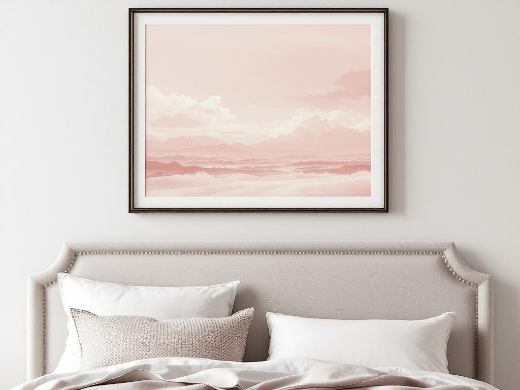 A romantic wall art piece featuring soft pink hues and a dreamy landscape above a plush bed.