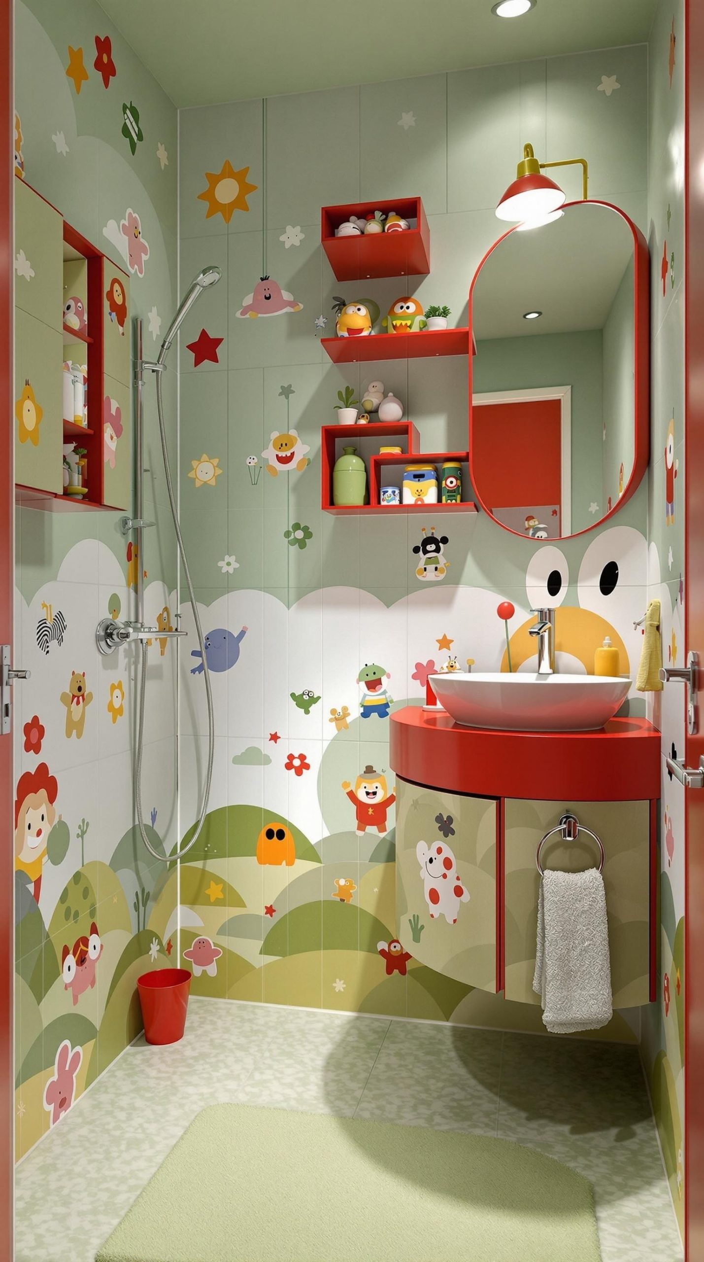 A colorful children's bathroom featuring red and green decor, playful toys, and a cozy atmosphere.