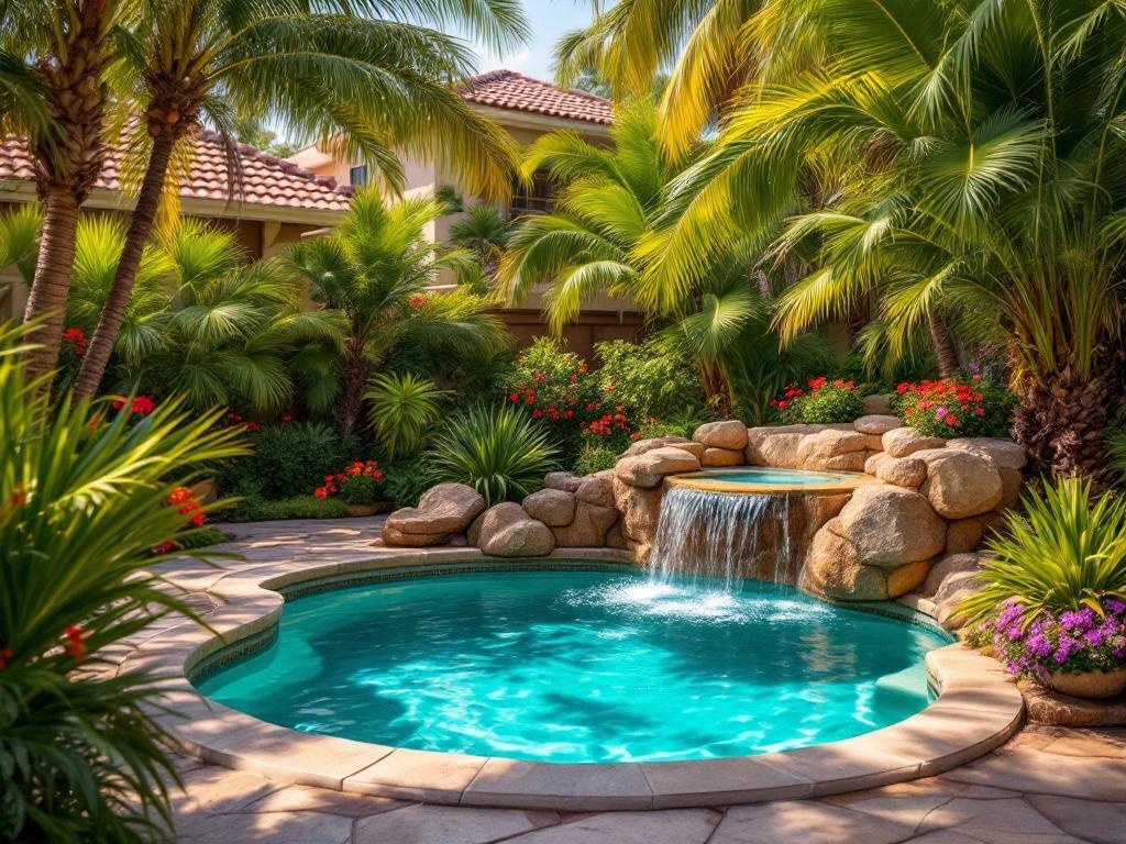 A tropical backyard featuring a jacuzzi spa with a waterfall, surrounded by palm trees and colorful flowers.
