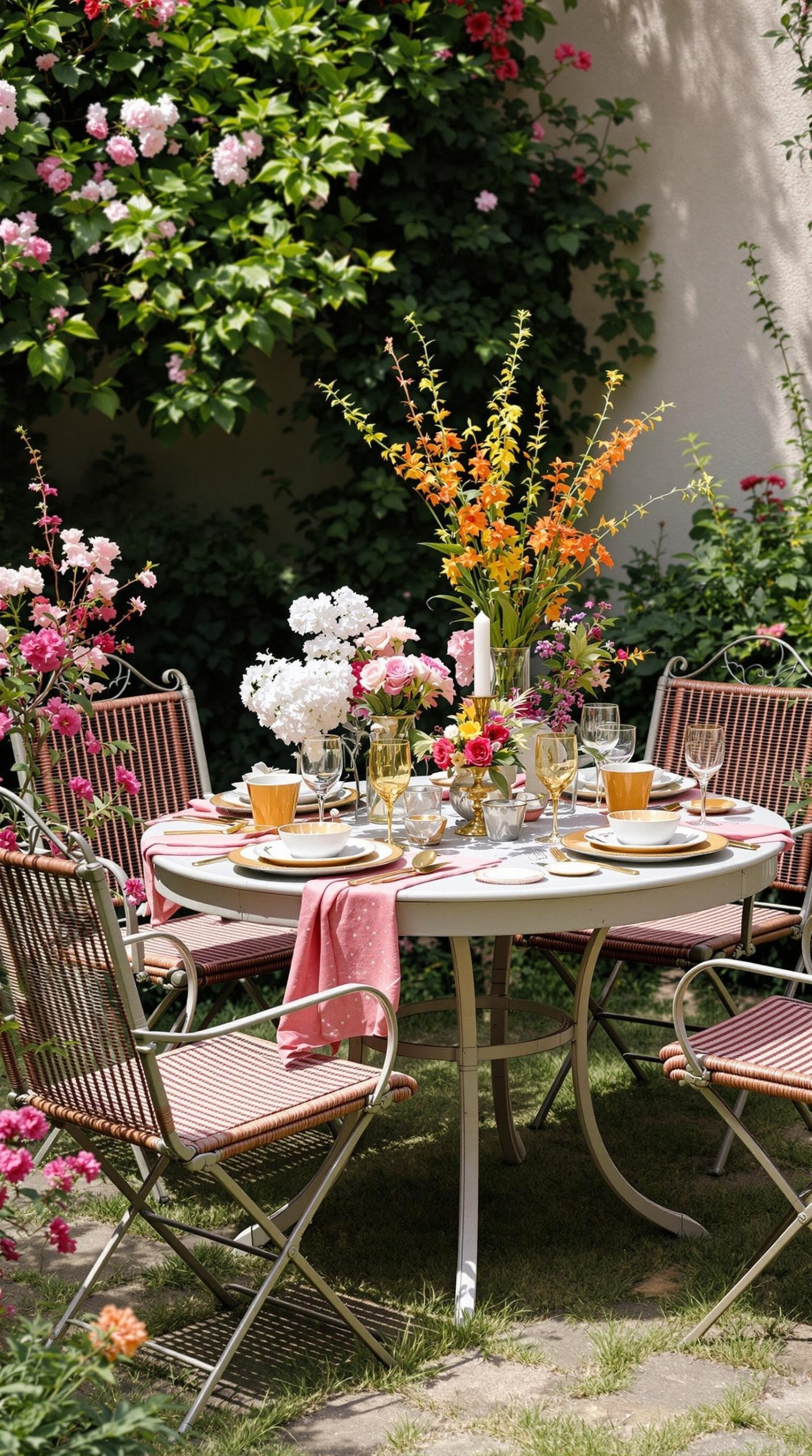 A vintage patio table set with colorful tableware and surrounded by flowers.