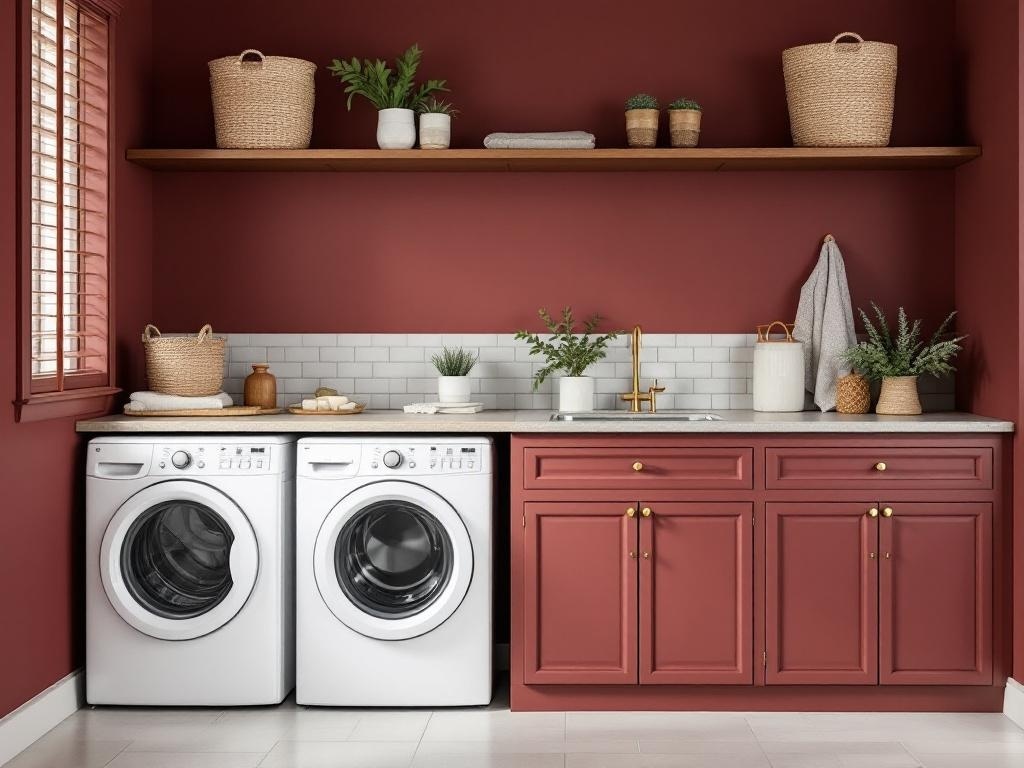 A stylish laundry room with burgundy walls, white appliances, wooden shelves, and chic storage solutions.