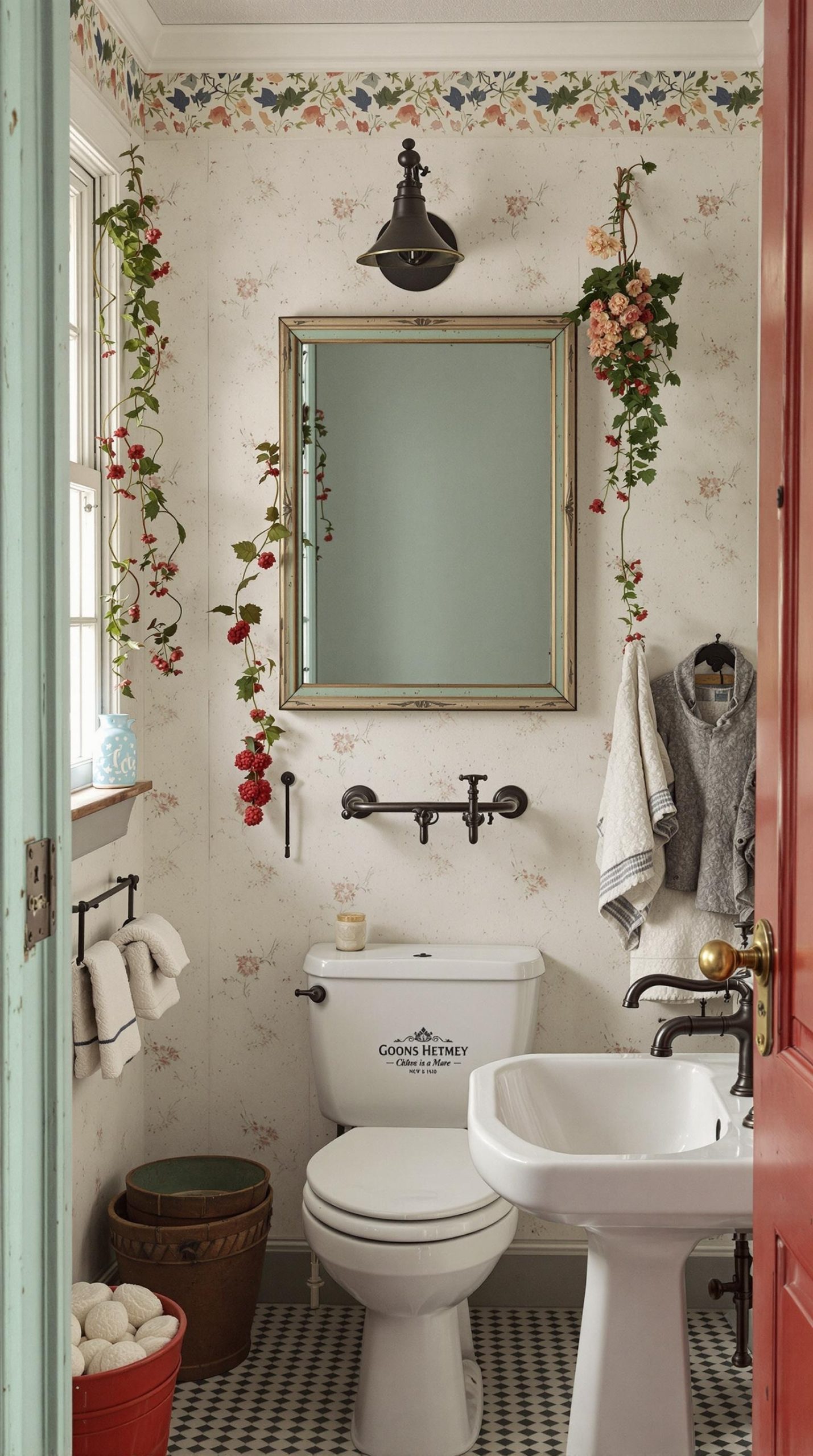 A vintage farmhouse bathroom featuring floral wallpaper, a gold-framed mirror, black fixtures, and red and green accents.