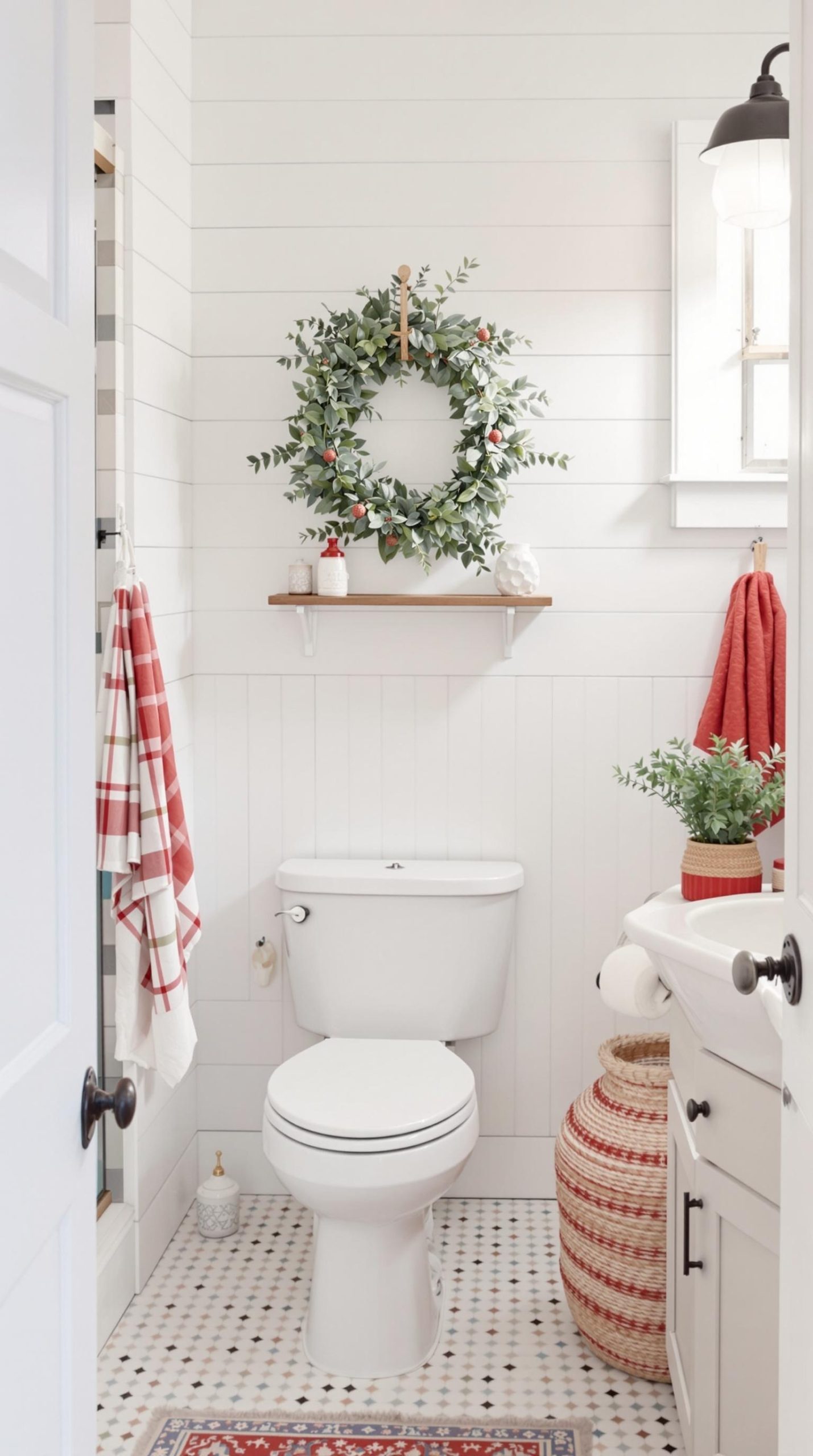 Coastal style bathroom with white shiplap walls, red and green accents, and a natural wreath.