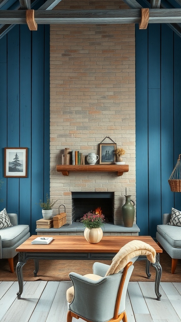 A cozy rustic living room featuring blue wood walls, a brick fireplace, and wooden beams.