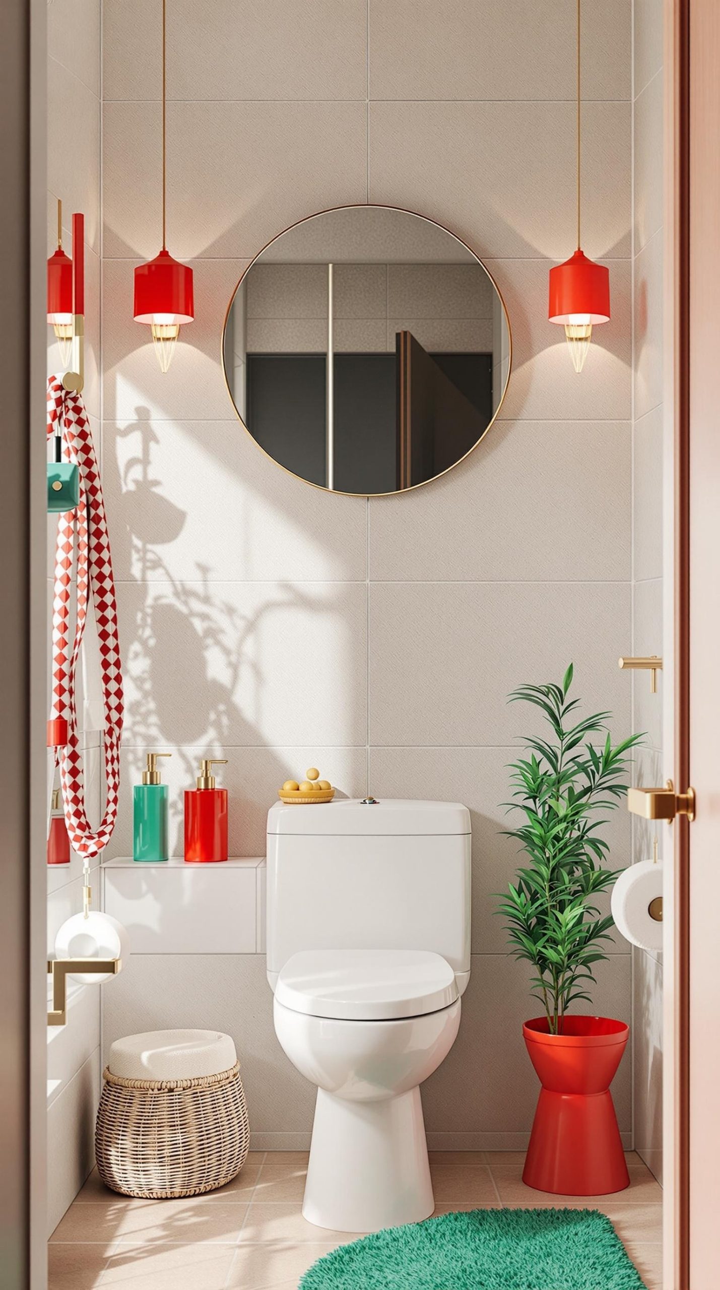 A bright bathroom featuring red and green accessories, including pendant lights, a round mirror, and colorful bottles.