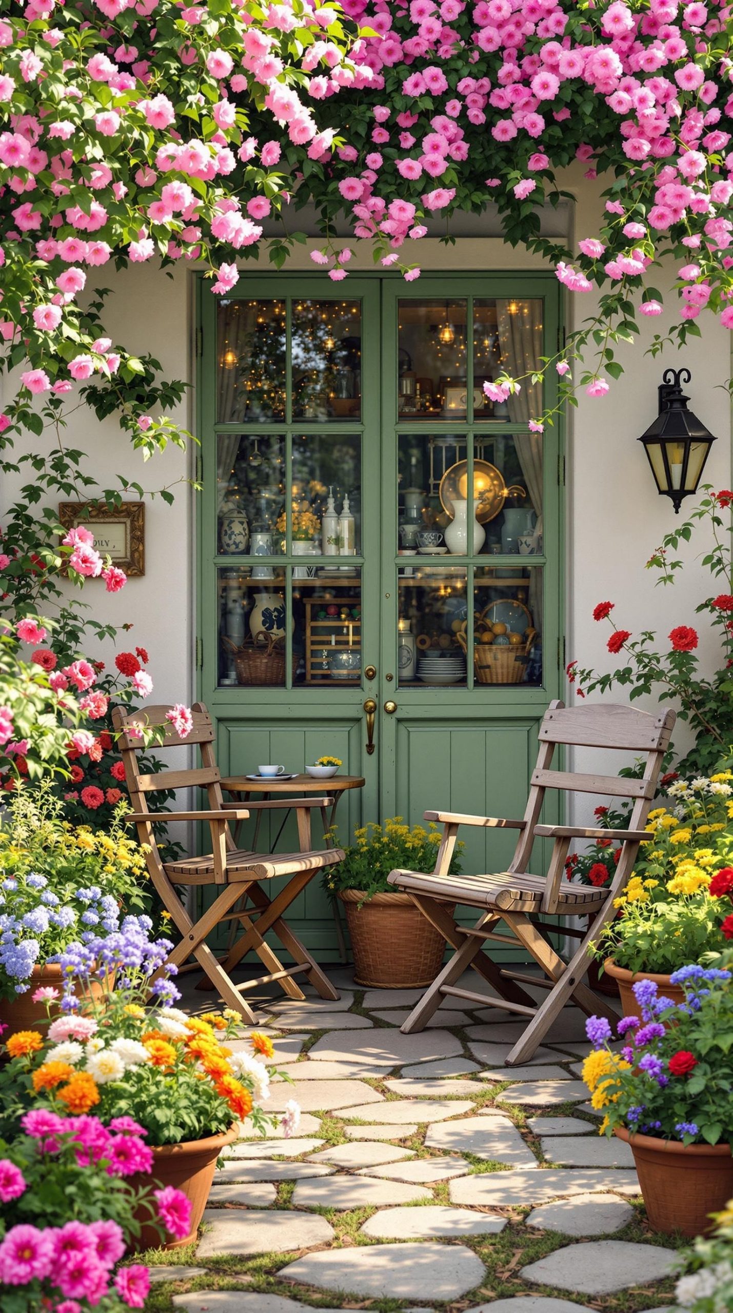 A cozy patio featuring rustic wooden furniture surrounded by colorful flowers.