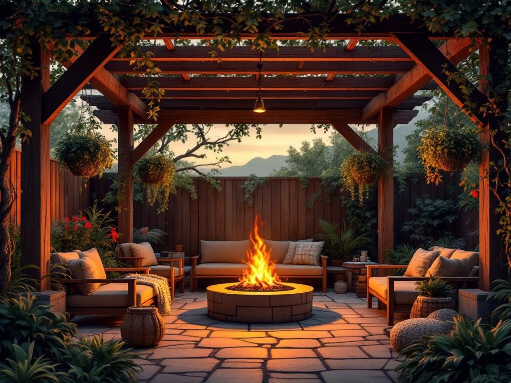 A rustic pergola with a firepit surrounded by comfortable seating and greenery.
