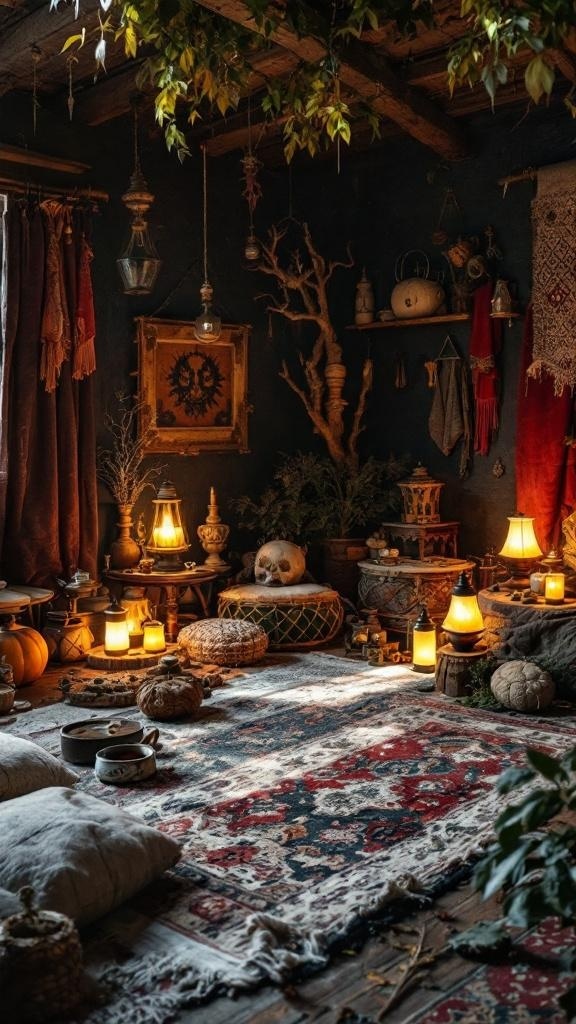 A cozy witch den featuring tarot card rugs, cushions, and warm lighting.