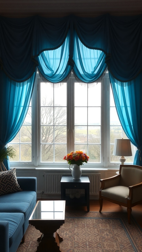 A cozy living room with bright blue window treatments, large windows, and a vase of flowers on the table.