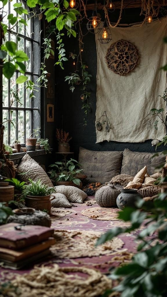 A cozy witch den with plants, cushions, and natural decor.