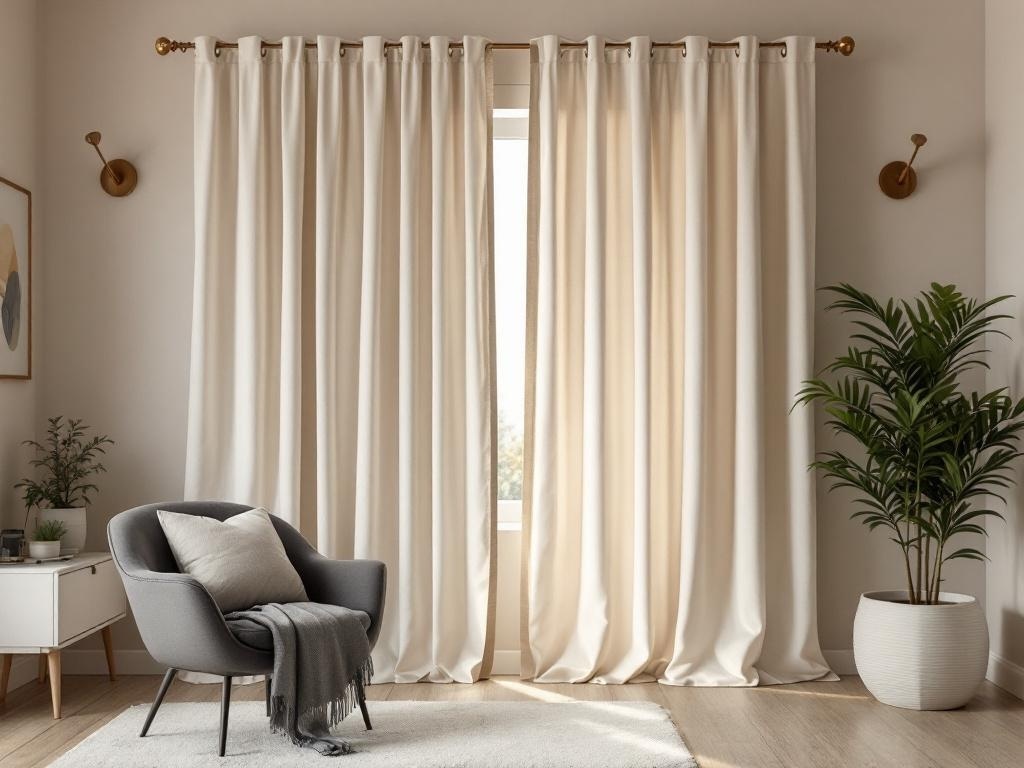 Living room with light curtains hanging from a stylish golden rod, featuring a cozy chair and a plant.