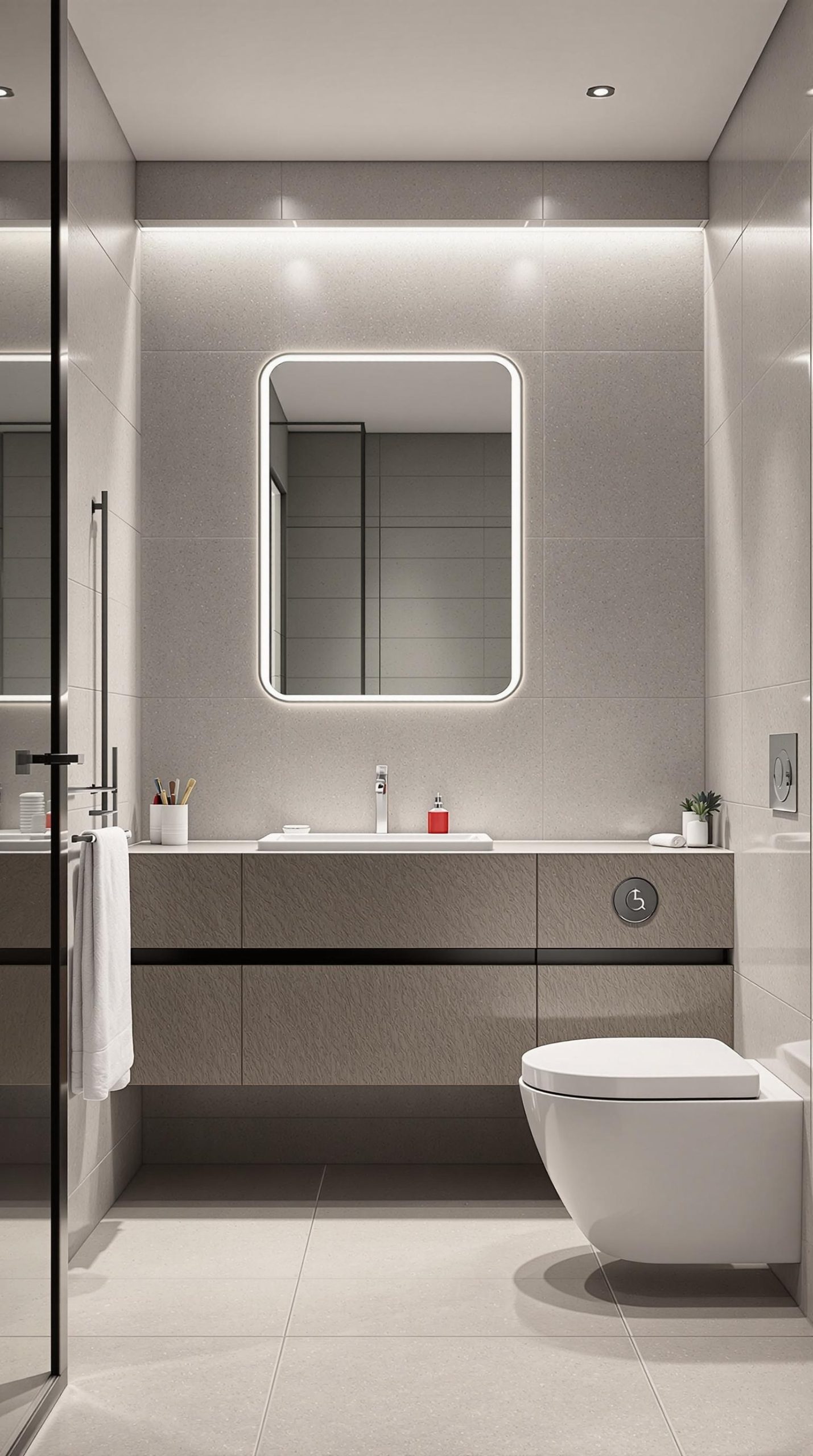 A modern minimalist bathroom featuring a sleek design with red accents.